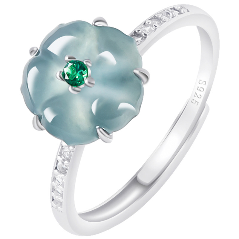 Women Accessories To Gift - ブルービルマ翡翠フラワーリング 925 シルバー天然ビルマ翡翠高級お守りファッションアクセサリー女性へのギフト
