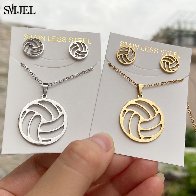 Women'S Volleyball Accessories - 女性のためのステンレス鋼のネックレスとイヤリングのセット,ボールの形をしたミニマリストジュエリー,三角形,パーティーアクセサリー,ギフト