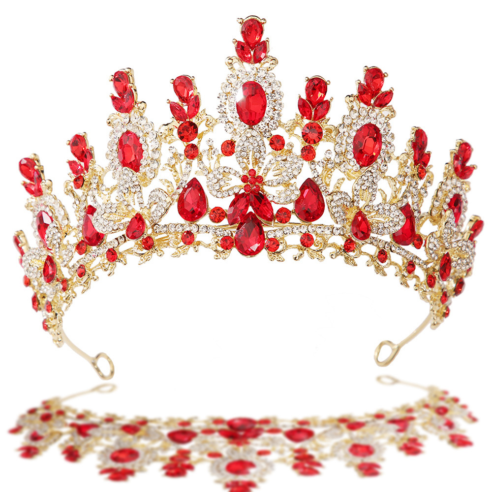 Women Jewelry Accessories For Black Dress - バロックプリンセスレッドクリスタル水滴ブライダルティアラクラウン女性女の子用ヘッドピースウェディングヘアドレスパーティージュエリーアクセサリー