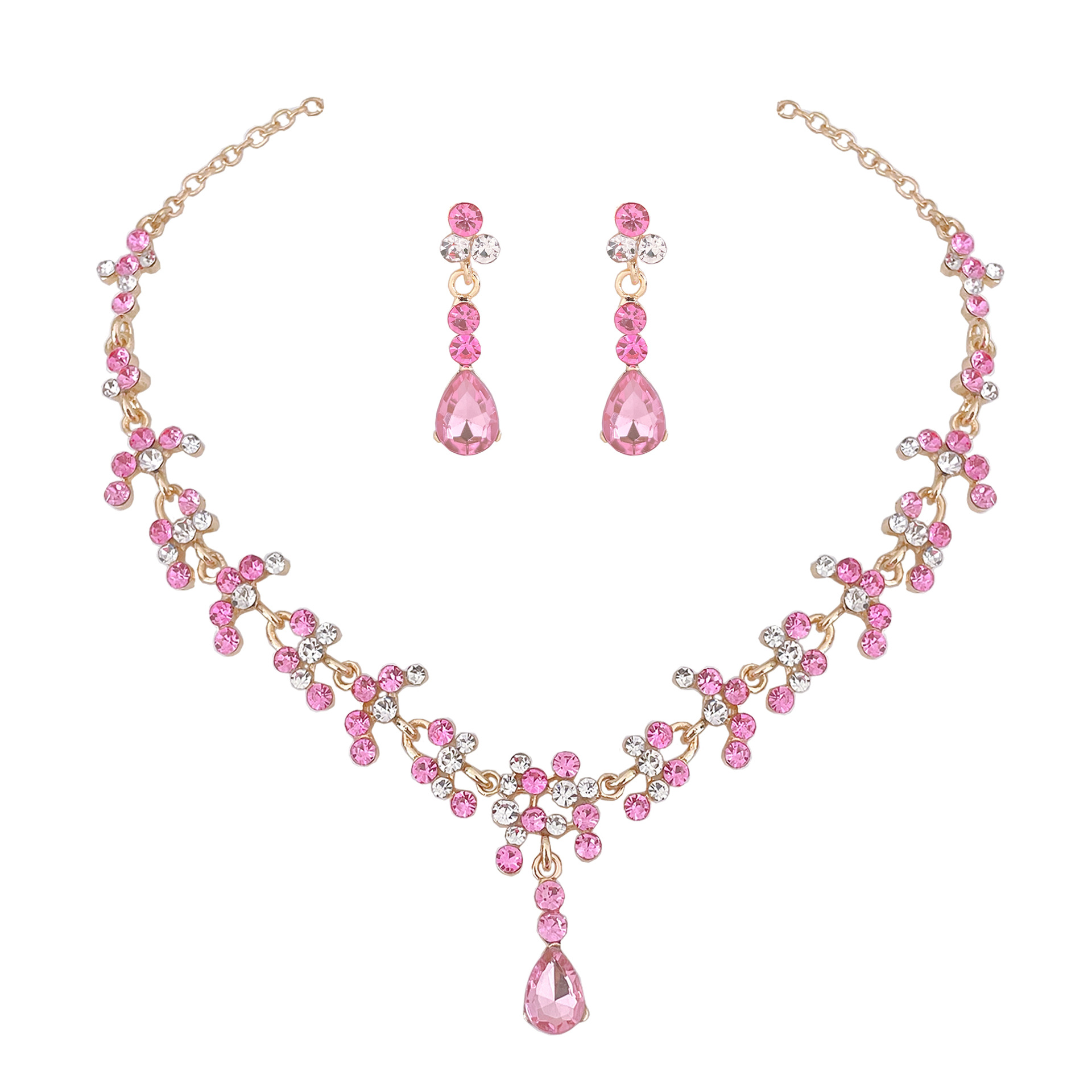 Women Jewelry Accessories For Black Dress - バロックピンクパープルクリスタルブライダルウェディングジュエリーセット女性ゴールドカラーのラインストーンネックレスロングイヤリングセットドレスアクセサリー