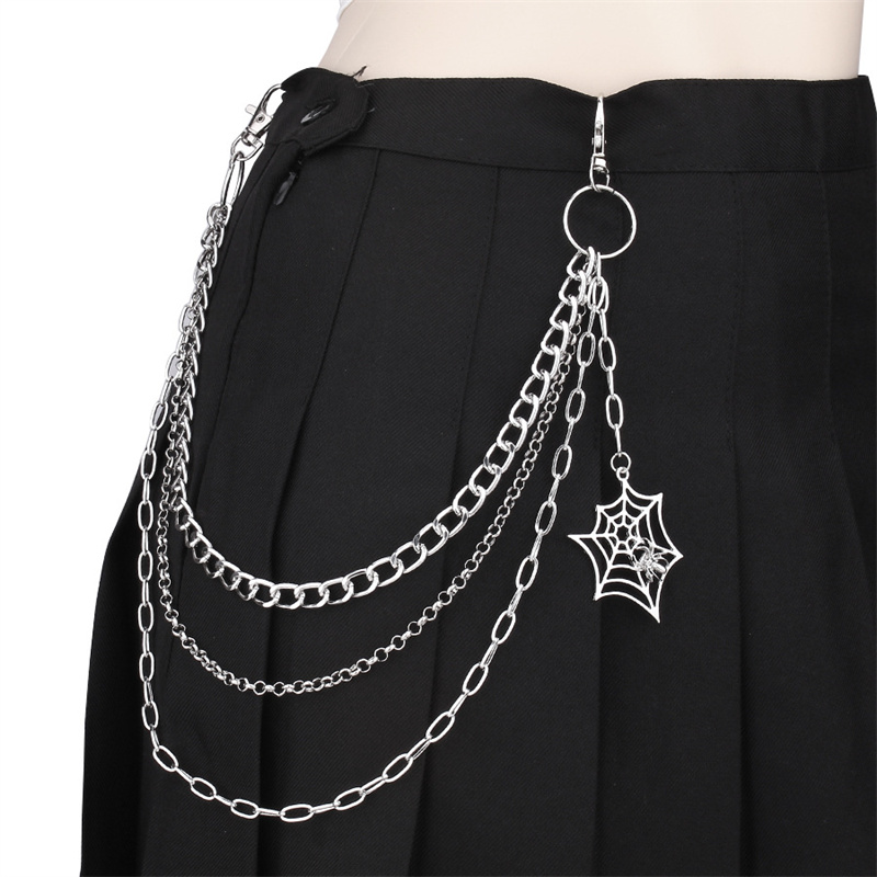 Women'S Jeans Accessories Chain - 男性と女性のためのハロウィーンのキーホルダー,パンクブラックシルバーのメタルパンツチェーン,ヒップホップスパイダーウェブペンダント,ジーンズアクセサリー