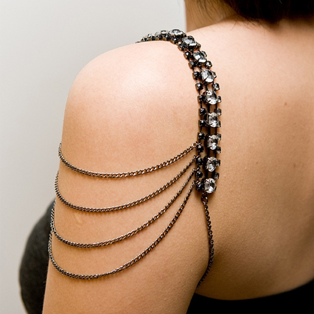 Women Jewelry Accessories For Black Dress - Stonefans-女性のためのブラックレイヤーショルダーストラップ、ドレス、ボディアクセサリー、レイブビキニ、ショルダーチェーンの高級ジュエリー