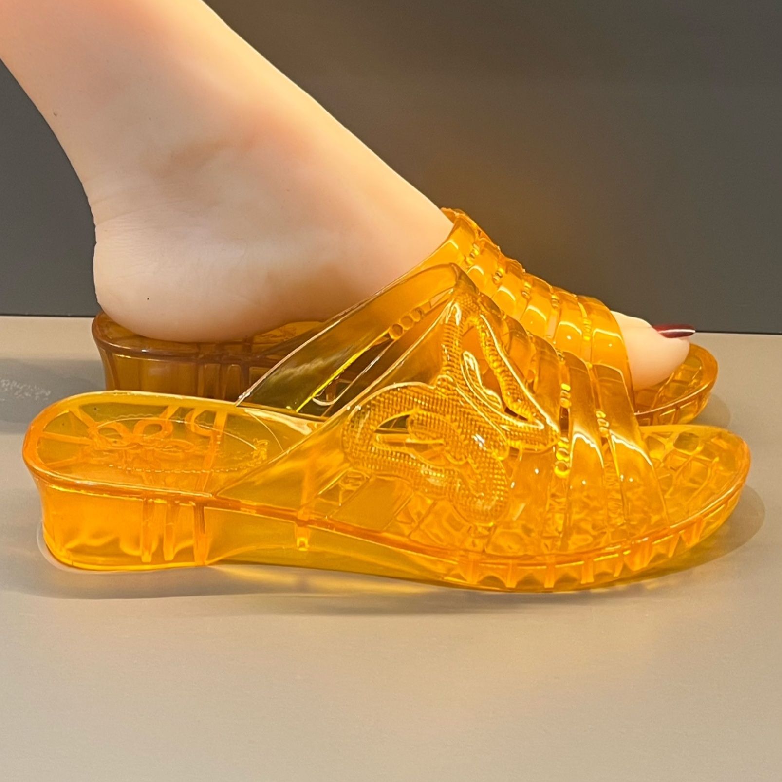 Women'S Shoes And Accessories - WFashion パープルグリッターゼリーウェッジサンダル女性の夏のウェッジヒールミュールシューズ女性屋外クリアスリッパ