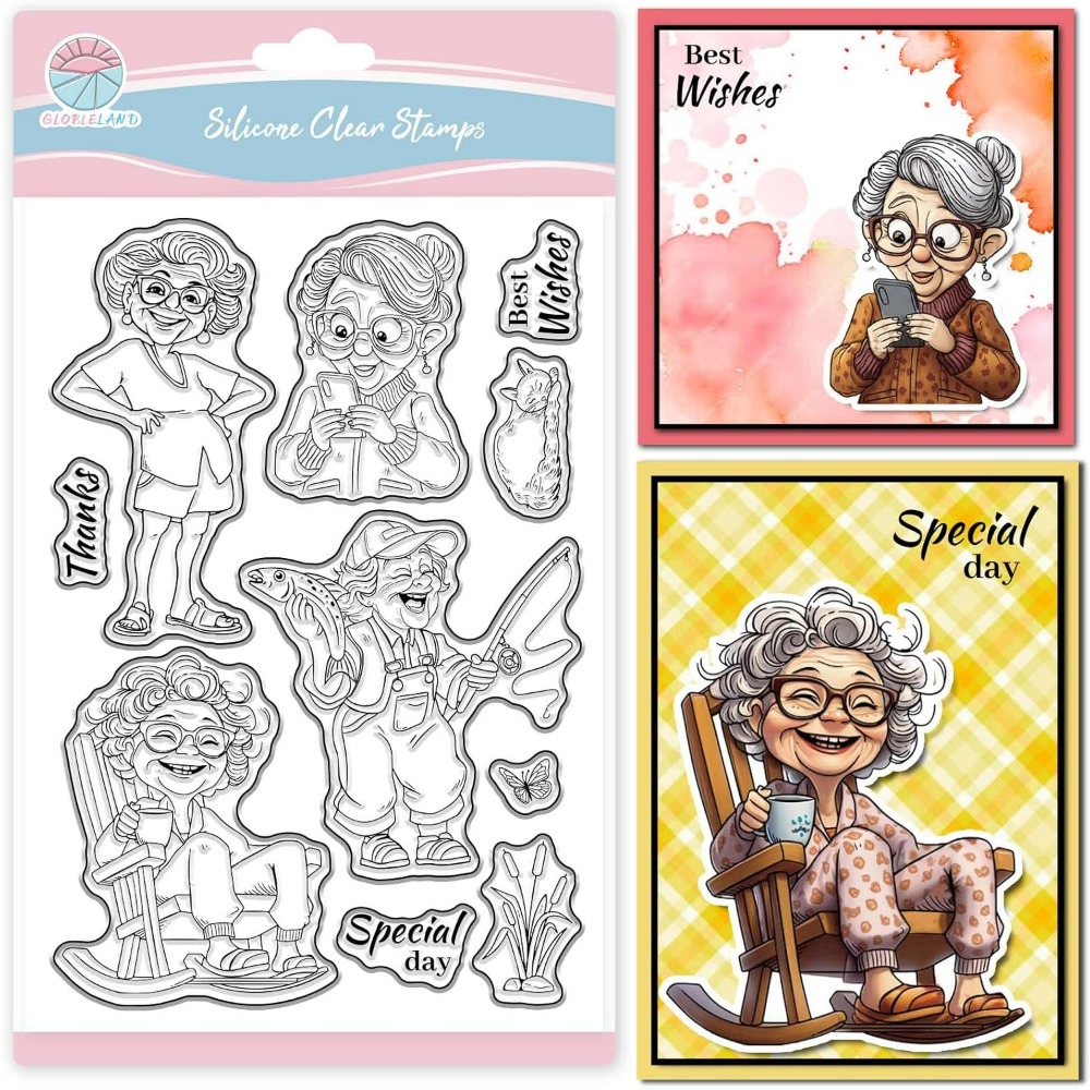 Women Accessories Clearance - 笑顔の老婦人クリアスタンプ スクラップブッキング用 釣り祖母 シリコーンスタンプ 猫の女性 透明スタンプ