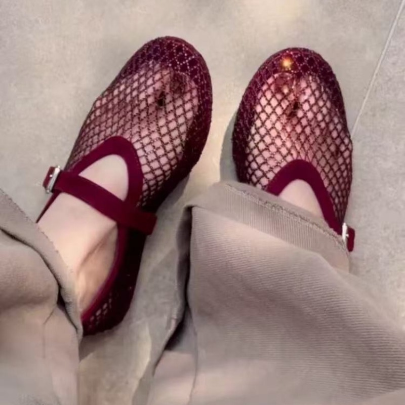Women'S Shoes And Accessories - 中空ラインストーンバオトウサンダル レディース 2026年新作 フィッシングネット通気性織りメリージェーンシングルシューズ