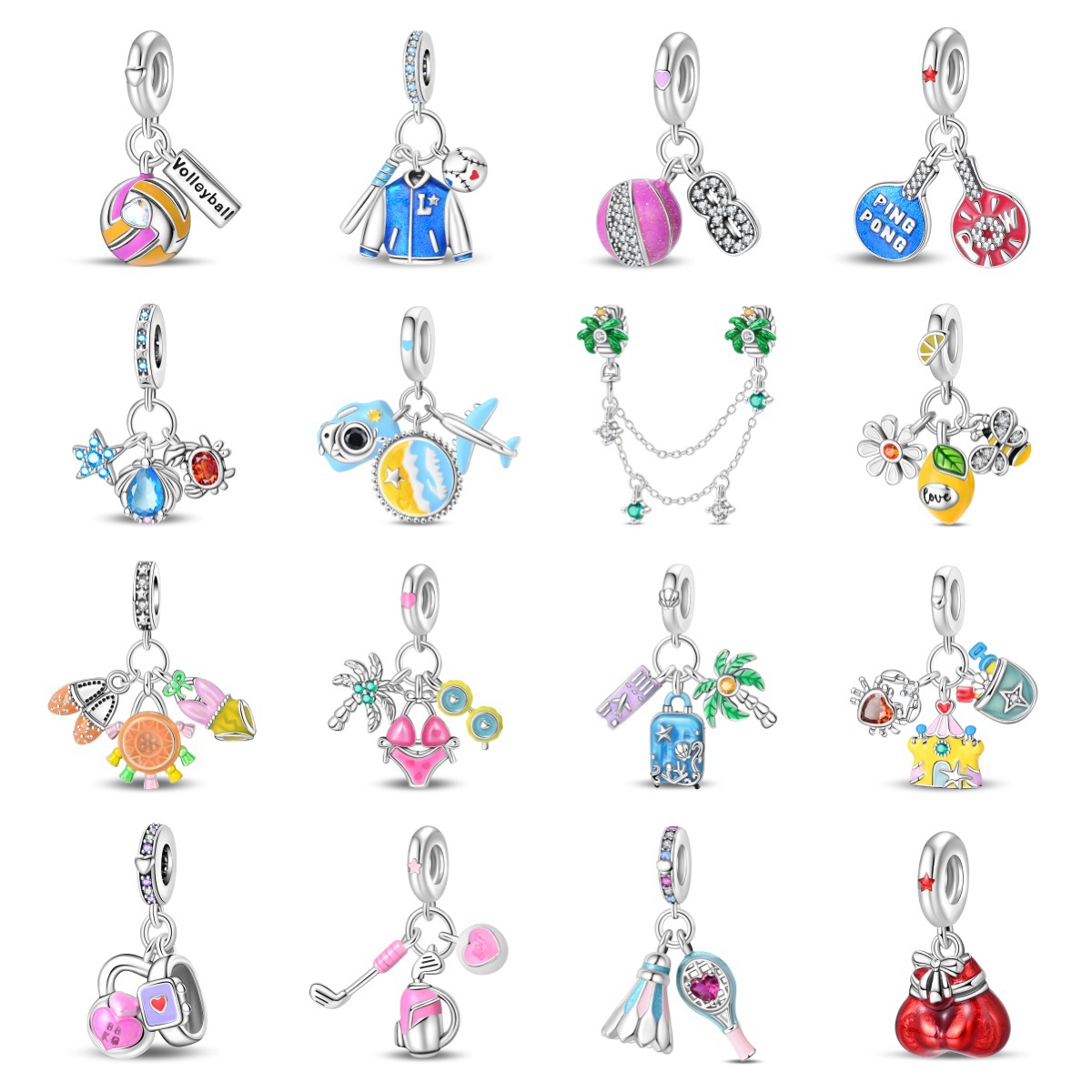 Women'S Volleyball Accessories - オリジナルチャームシルバーメッキビーズフィットブレスレットバッグDIY女性ギフトアクセサリーバレーボールテニス旅行荷物クリスタルペンダント