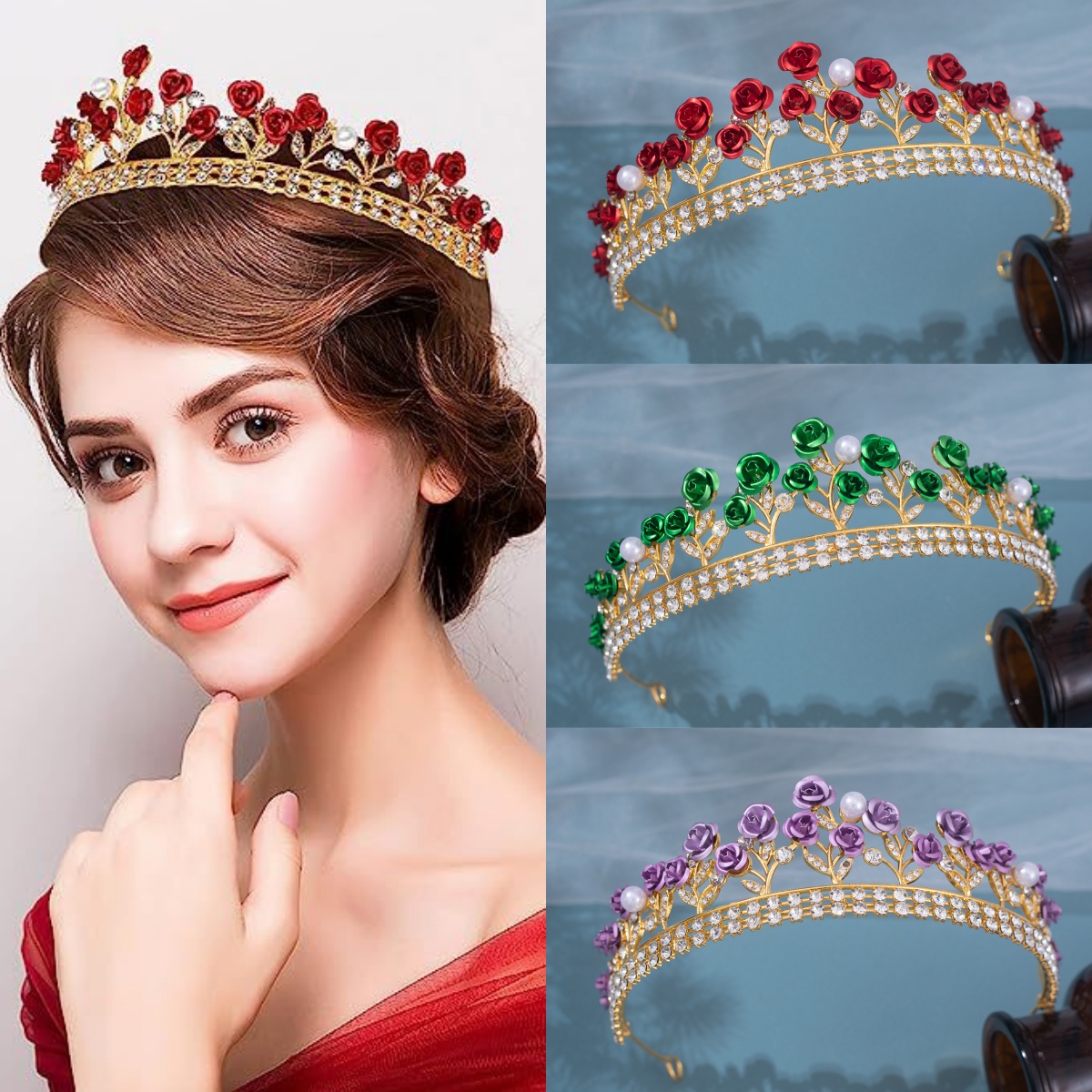 Women'S Accessories Jewelry - バロックセラミックブライダルクラウンラインストーンプロムディアデムヘアピースクリスタルパールローズクラウンティアラウェディングヘアアクセサリージュエリー