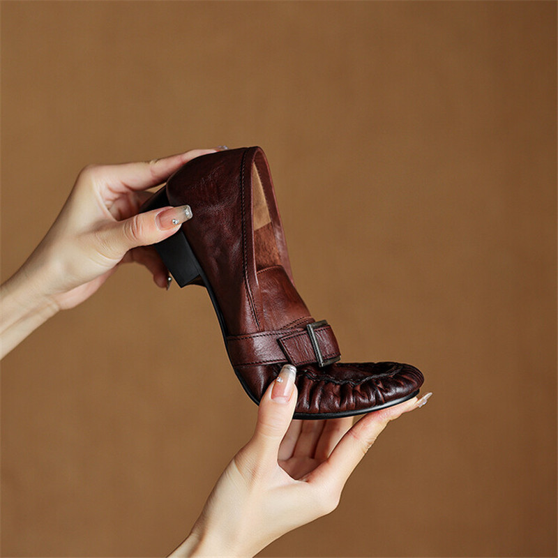 女性用本革モカシン,丸いつま先の靴,プリーツパンプス,厚手の - Women'S Shoes And Accessories のレビューと価格
