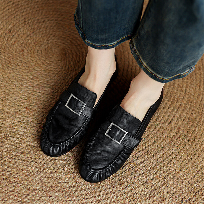 女性用本革モカシン,丸いつま先の靴,プリーツパンプス,厚手の - Women'S Shoes And Accessories のレビューと価格