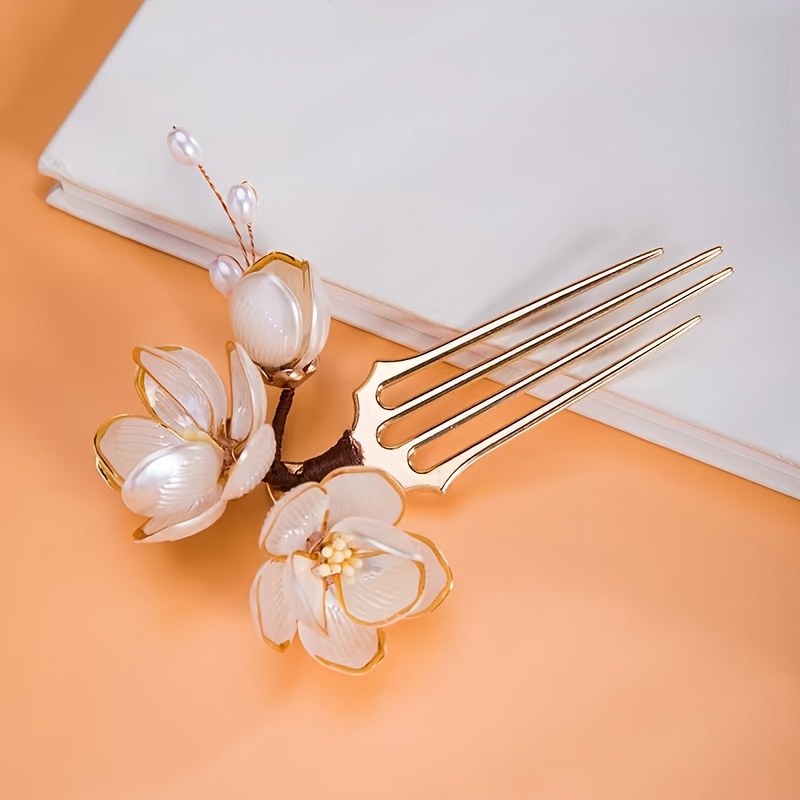 中国風シェルマグノリアフラワーヘアコーム、パールタッセル付き - Women Knight Accessories のレビューと価格